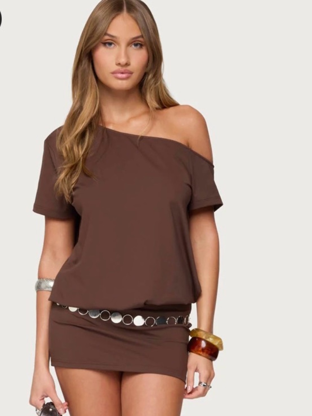 Edikted Off-Shoulder Short Sleeve Top in Chocolate Brown